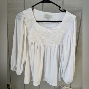 Lucky Brand Cream Smocked Blouse with Bib Collar
